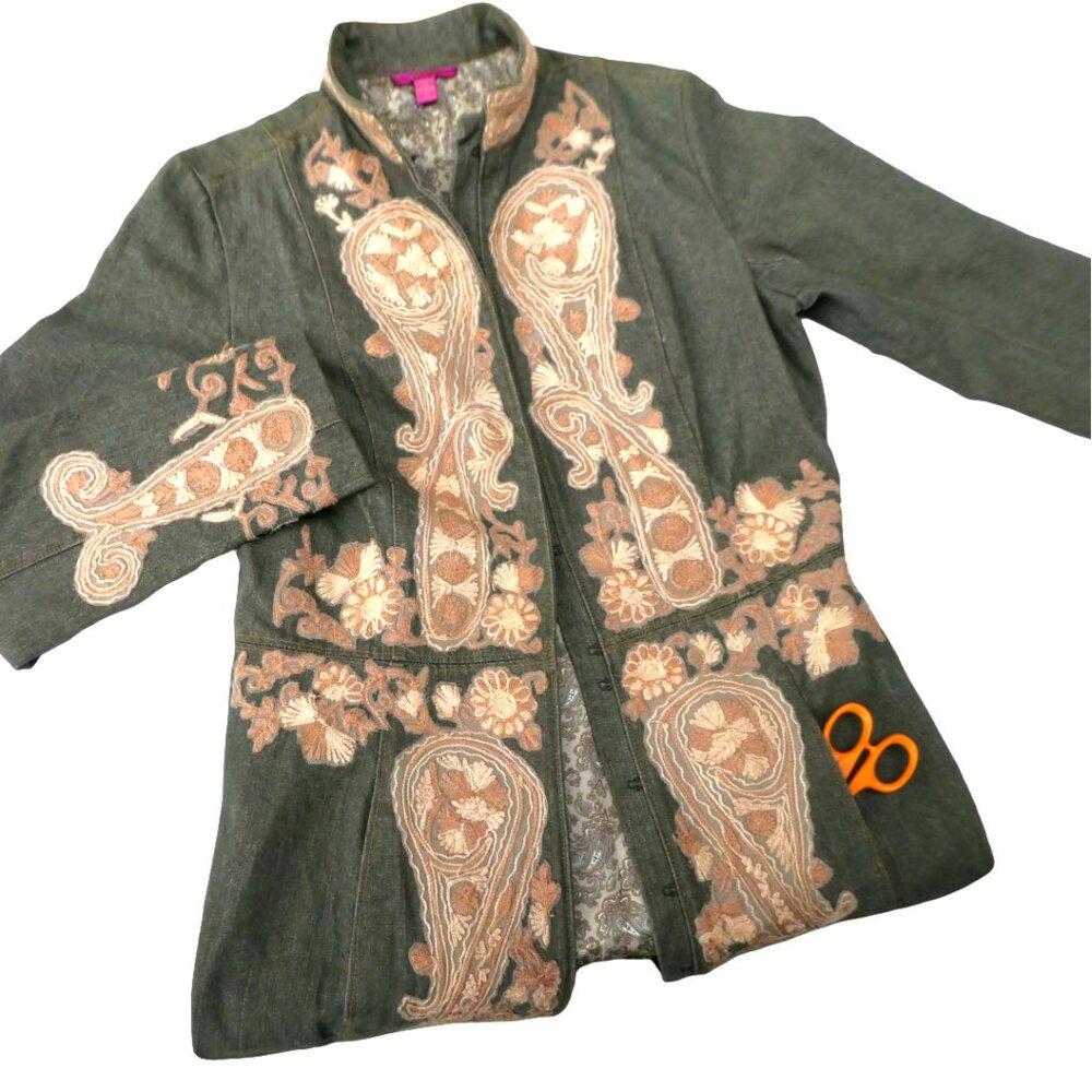 Vintage 90s Designer Flower Embossed Denim Trench Coat 3D Paisley Satin Lined 10 - Picture 6 of 14